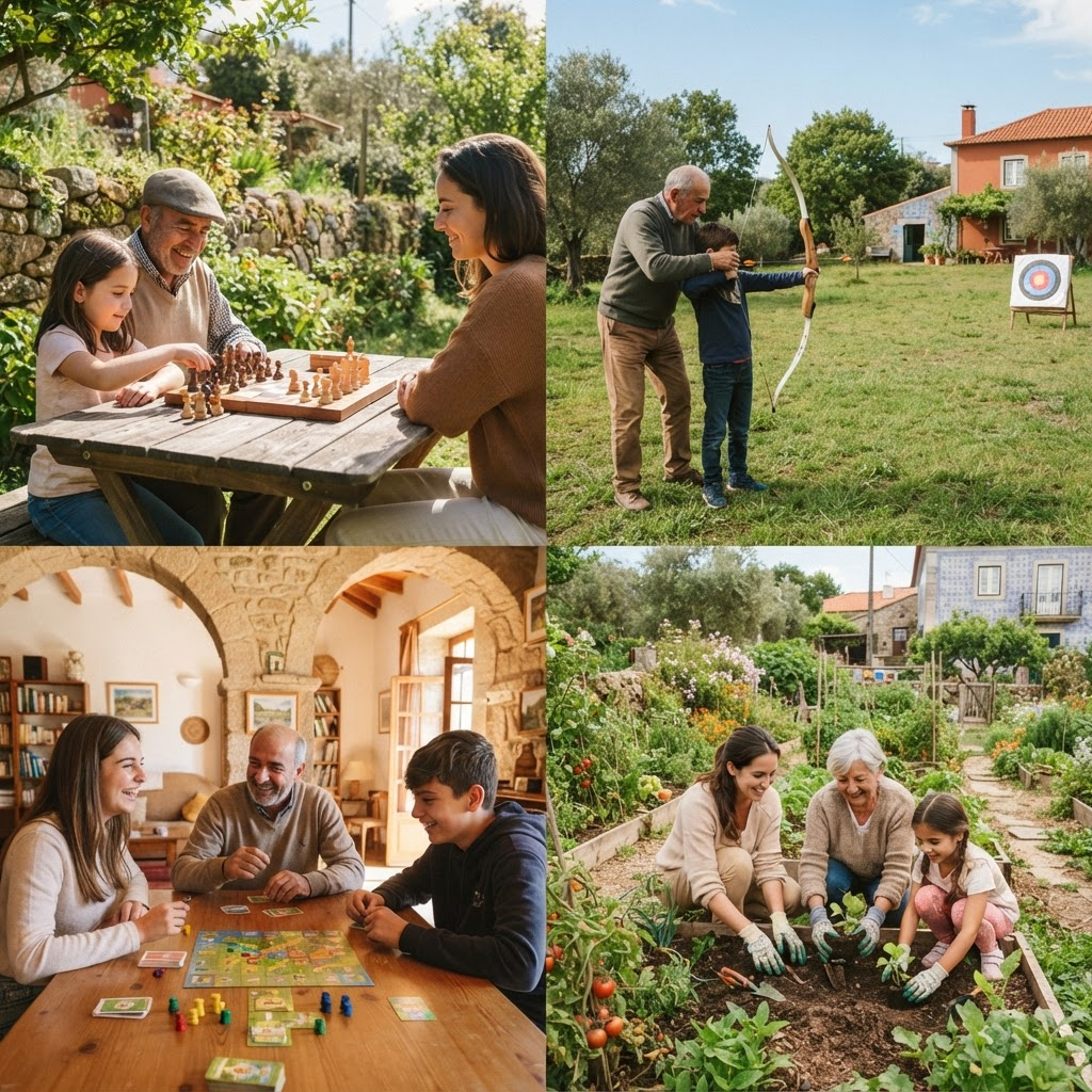 Pessoas de várias idades reunidas ao ar livre num parque, a plantar num horta comunitária e a conviver